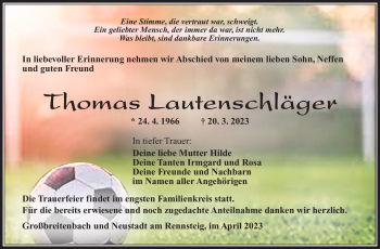 Traueranzeige von Thomas Lautenschläger von Südthüringer Presse