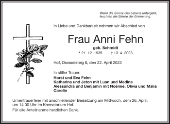 Traueranzeige von Anni Fehn von Frankenpost