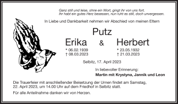 Traueranzeige von ErikaHerbert PutzPutz von Frankenpost