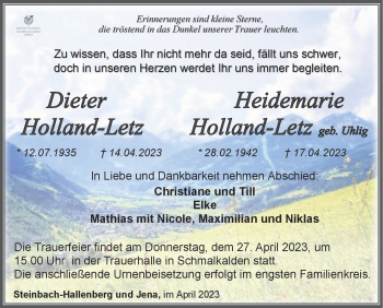 Traueranzeige von HeidemarieDieter Holland-LetzHolland-Letz von Südthüringer Presse