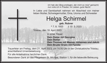 Traueranzeige von Helga Schirmel von Frankenpost