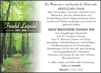 Traueranzeige von Friedel Leipold von Südthüringer Presse