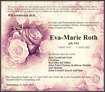 Traueranzeige von Eva-Marie Roth von Südthüringer Presse