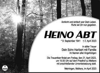 Traueranzeige von Heino Abt von Südthüringer Presse