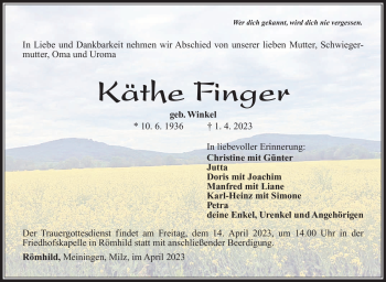 Traueranzeige von Käthe Finger von Südthüringer Presse
