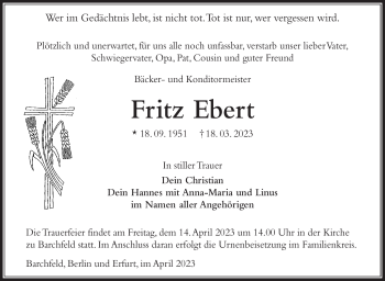 Traueranzeige von Fritz Ebert von Südthüringer Presse
