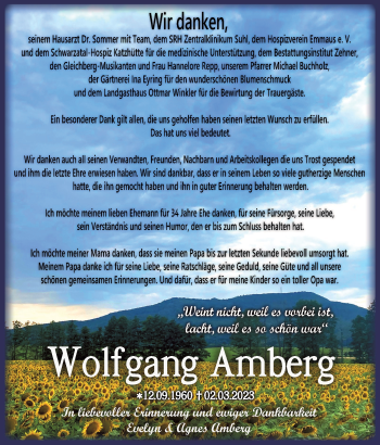 Traueranzeige von Wolfgang Amberg von Südthüringer Presse
