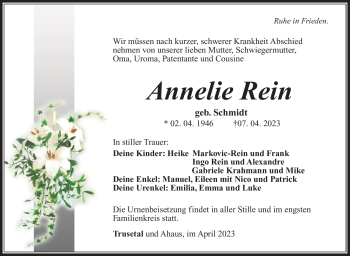 Traueranzeige von Annelie Rein von Südthüringer Presse