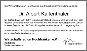 Traueranzeige von Albert Kaltenthaler von Frankenpost