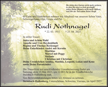 Traueranzeige von Rudi Nothnagel von Südthüringer Presse