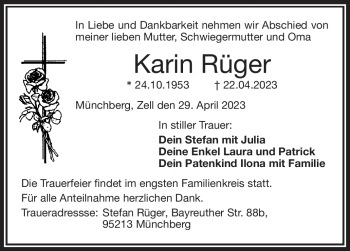 Traueranzeige von Karin Rüger von Frankenpost