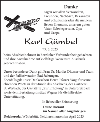 Traueranzeige von Karl Gümbel von Südthüringer Presse