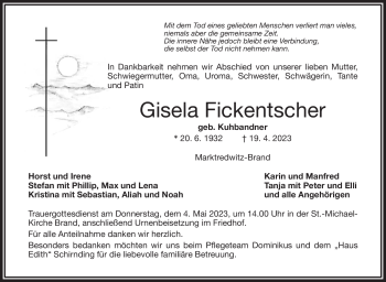 Traueranzeige von Gisela Fickentscher von Frankenpost