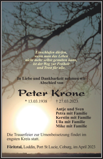 Traueranzeige von Peter Krone von Südthüringer Presse