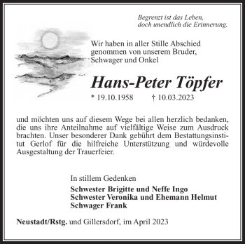 Traueranzeige von Hans-Peter Töpfer von Südthüringer Presse