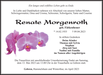 Traueranzeige von Renate Morgenroth von Südthüringer Presse