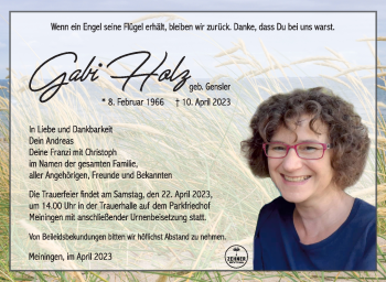 Traueranzeige von Gabriele Holz von Südthüringer Presse
