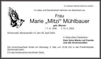 Traueranzeige von Marie Mühlbauer von Frankenpost