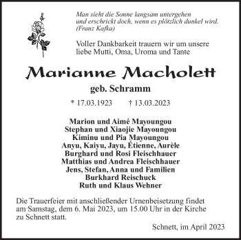Traueranzeige von Marianne Macholett von Südthüringer Presse