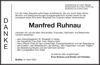 Traueranzeige von Manfred Ruhnau von Südthüringer Presse