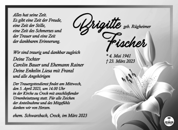 Traueranzeige von Brigitte Fischer von Südthüringer Presse