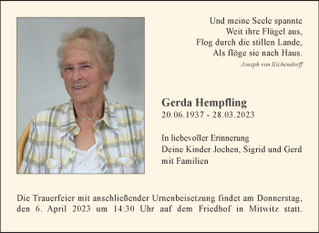 Traueranzeige von Gerda Hempfling von Neue Presse Coburg