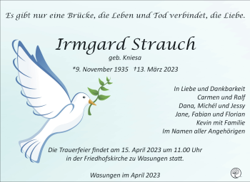 Traueranzeige von Irmgard Strauch von Südthüringer Presse