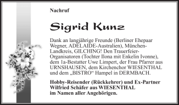 Traueranzeige von Sigrid Kunz von Südthüringer Presse