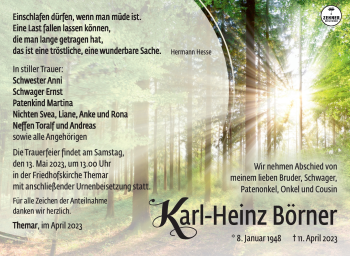 Traueranzeige von Karl-Heinz Börner von Südthüringer Presse