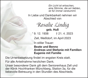 Traueranzeige von Rosalie Lindig von Frankenpost
