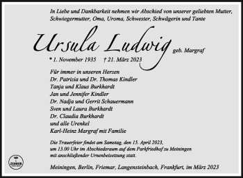 Traueranzeige von Ursula Ludwig von Südthüringer Presse