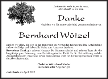 Traueranzeige von Bernhard Wötzel von Südthüringer Presse