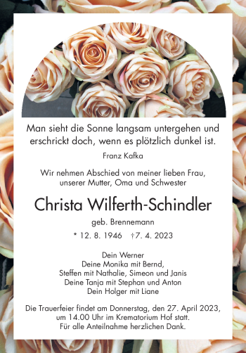 Traueranzeige von Christa Wilferth-Schindler von Frankenpost
