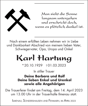 Traueranzeige von Karl Hartung von Südthüringer Presse
