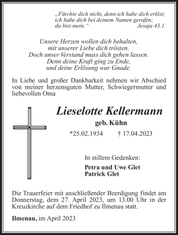 Traueranzeige von Lieselotte Kellermann von Südthüringer Presse