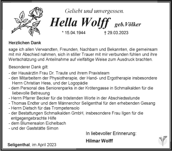 Traueranzeige von Hella Wolff von Südthüringer Presse