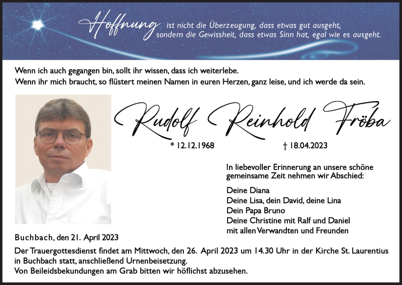  Traueranzeige für Rudolf Fröba vom 21.04.2023 aus Neue Presse Coburg