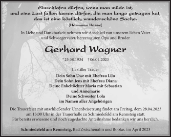 Traueranzeige von Gerhard Wagner von Südthüringer Presse