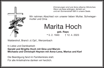 Traueranzeige von Marita Hoch von Frankenpost