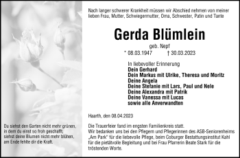 Traueranzeige von Gerda Blümlein von Neue Presse Coburg