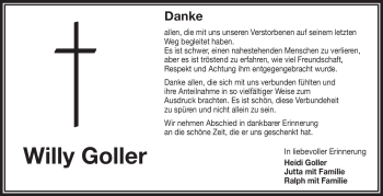 Traueranzeige von Willy Goller von Frankenpost