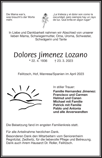 Traueranzeige von Dolores Jimenez Lozano von Frankenpost