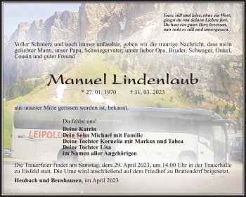 Traueranzeige von Manuel Lindenlaub von Südthüringer Presse