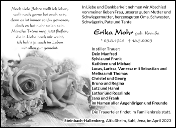 Traueranzeige von Erika Mohr von Südthüringer Presse
