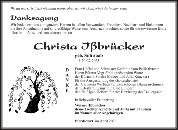 Traueranzeige von Christa Ißbrücker von Südthüringer Presse
