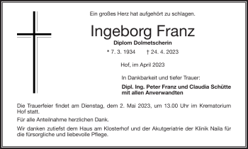 Traueranzeige von Ingeborg Franz von Frankenpost