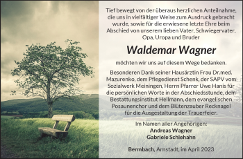 Traueranzeige von Waldemar Wagner von Südthüringer Presse