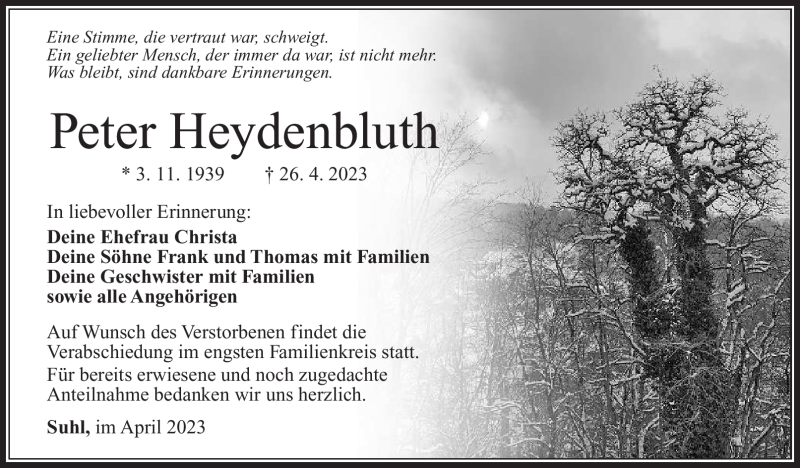  Traueranzeige für Peter Heydenbluth vom 29.04.2023 aus Südthüringer Presse