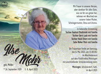 Traueranzeige von Ilse Mohr von Südthüringer Presse