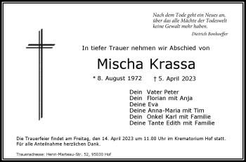 Traueranzeige von Mischa Krassa von Frankenpost